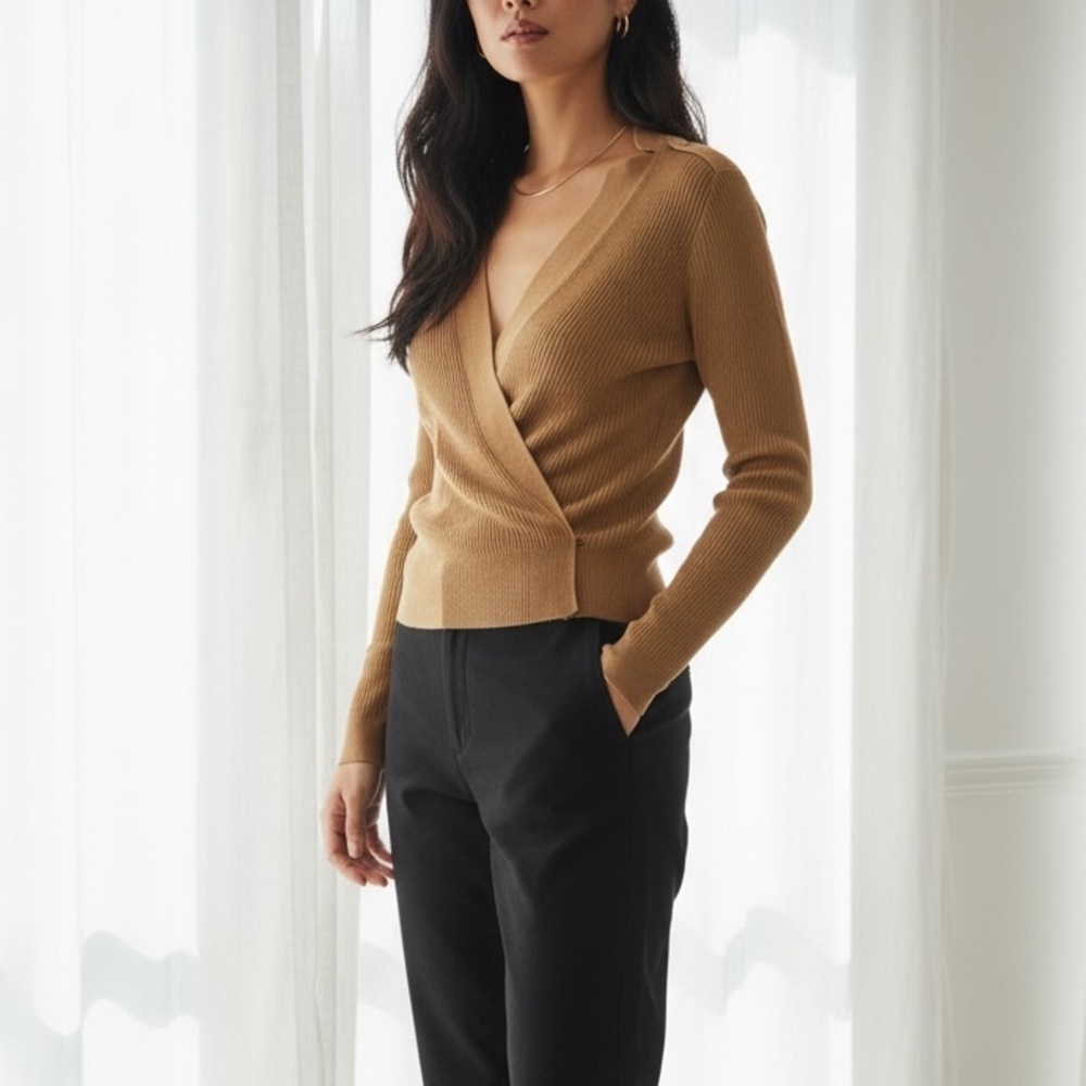 DES PRÉS Linen Wrap Cardigan | French Minimalist Quiet Luxury Camel Tan Neutral